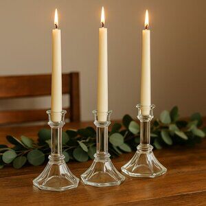 Set of 3 Clear Glass Taper Candle Holders – Elegant Hexagon Base Vintage Style